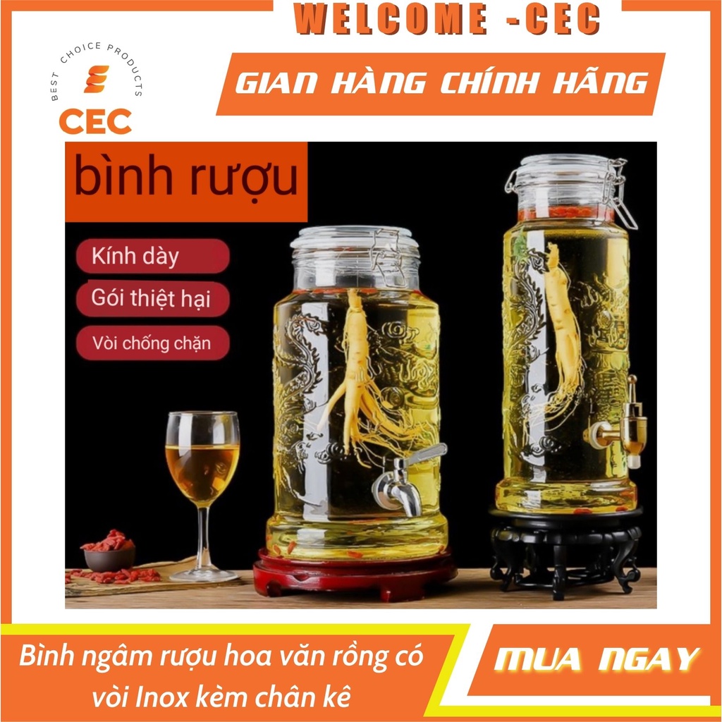 Bình thủy tinh cao cấp hoa văn rồng có vòi Inox vàng kèm chân kê nhựa siêu cứng - Dung tích 4.5L và 6L BR46 [CEC Store]