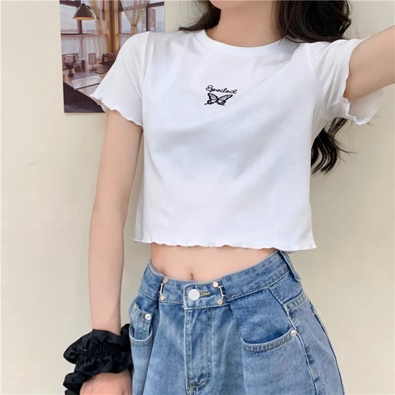Áo Thun Croptop Thêu Hình Bướm Xinh Xắn Cho Nữ