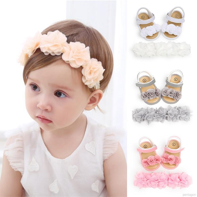 Set 2 Đôi Giày Sandal + Băng Đô Hoa Dễ Thương Cho Bé Gái
