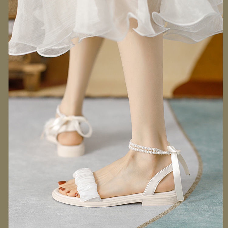 Sandal Hở Ngón Đế Bằng Thiết Kế Mới Đính Nơ Ngọc Trai Xinh Xắn Thời Trang Mùa Hè Dành Cho Nữ
