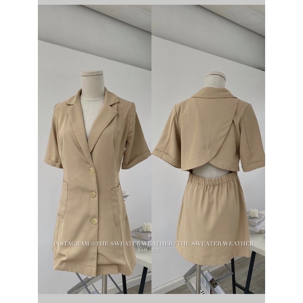 Váy sơ mi cổ vest đệm vai cut out lưng chun the.sweaterweather TSW (ảnh thật)