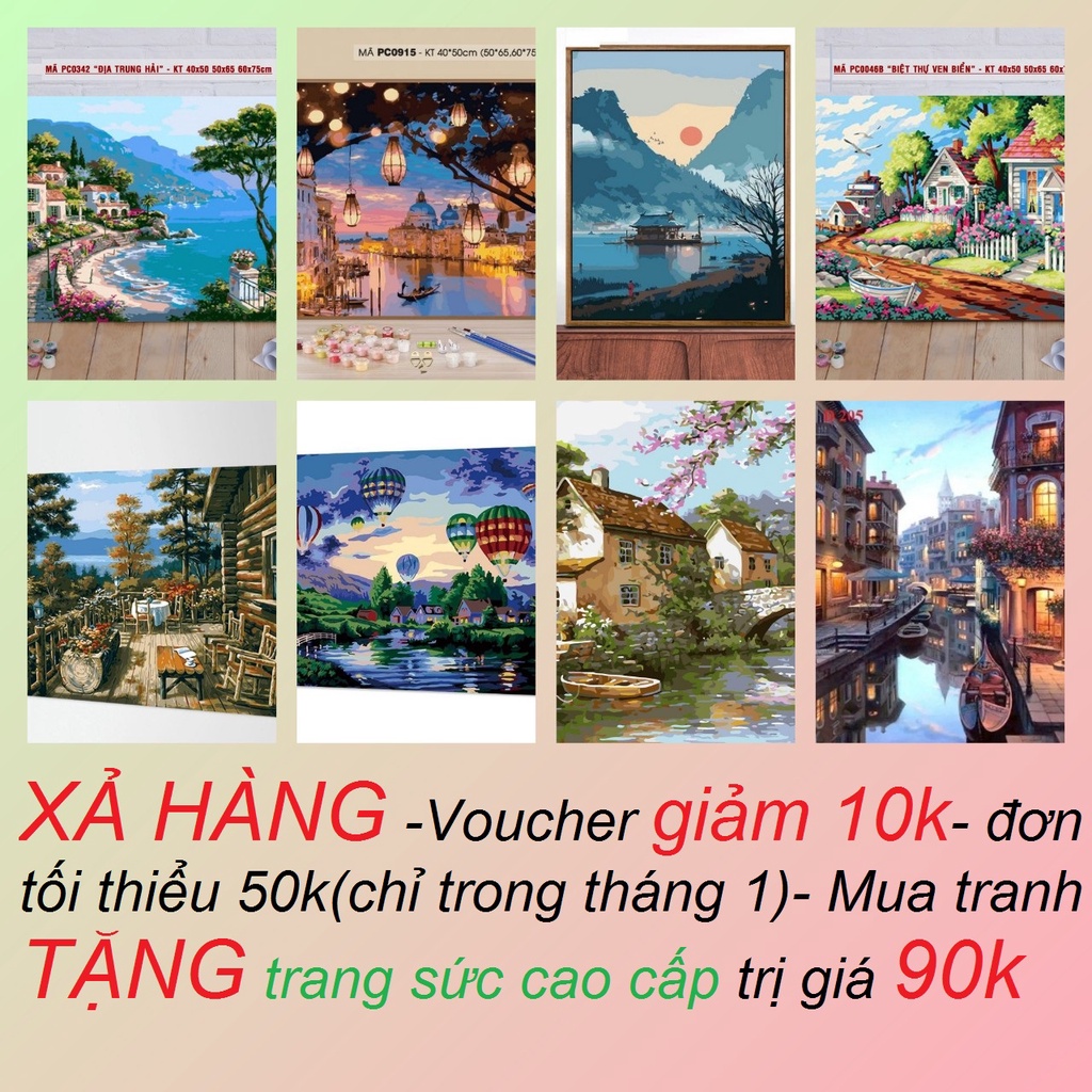 Tranh tô màu theo số, sơn dầu số hóa, tặng khăn, đã căng khung, đủ phụ kiện, có dầu bóng -Moonshop