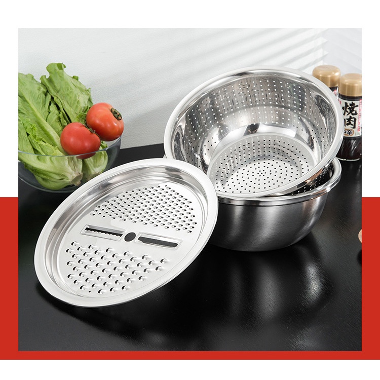 Bộ Thau Rổ bào inox tiện lợi 26 cm, Mâm nạo củ quả tiện lợi 3 trong 1/RỔ BÀO RAU CỦ INOX - BỘ THAU RỔ BÀO RAU CỦ INOX