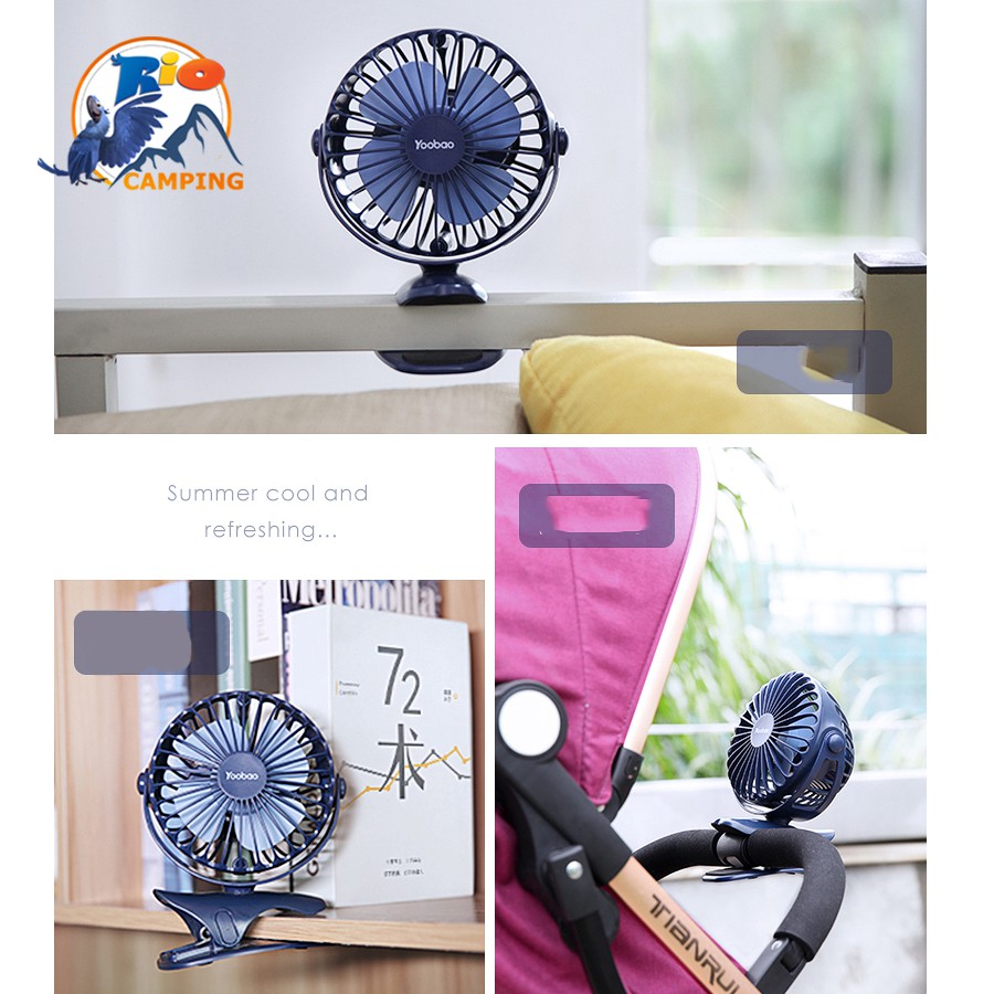 Quạt sạc Yoobao F04 mini xoay góc 720 độ, đế kẹp đa năng hoặc đặt bàn, với 4 nấc điều chỉnh gió
