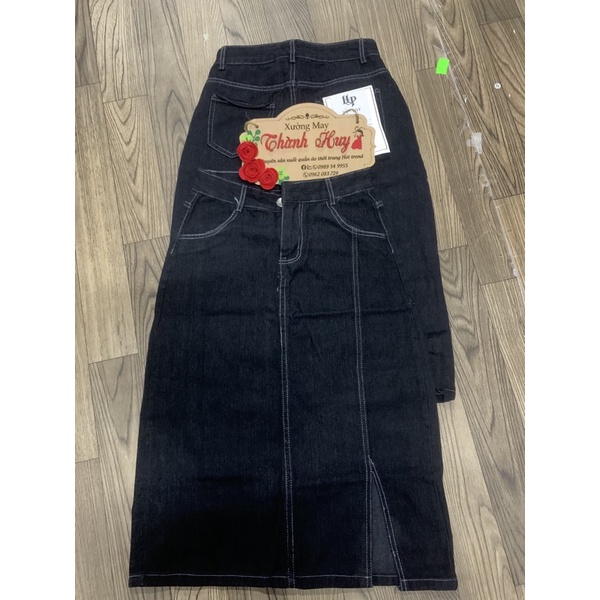 Chân váy bò dáng A cạp cao, váy jean xẻ tà unisex chỉ nổi | BigBuy360 - bigbuy360.vn