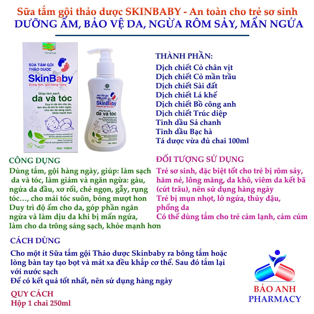 Nước tắm gội thảo dược An toàn cho bé SKINBABY – Ngừa rôm sảy, mẩn ngứa, làm sạch, bảo vệ, dưỡng ẩm da – Chai 100ml