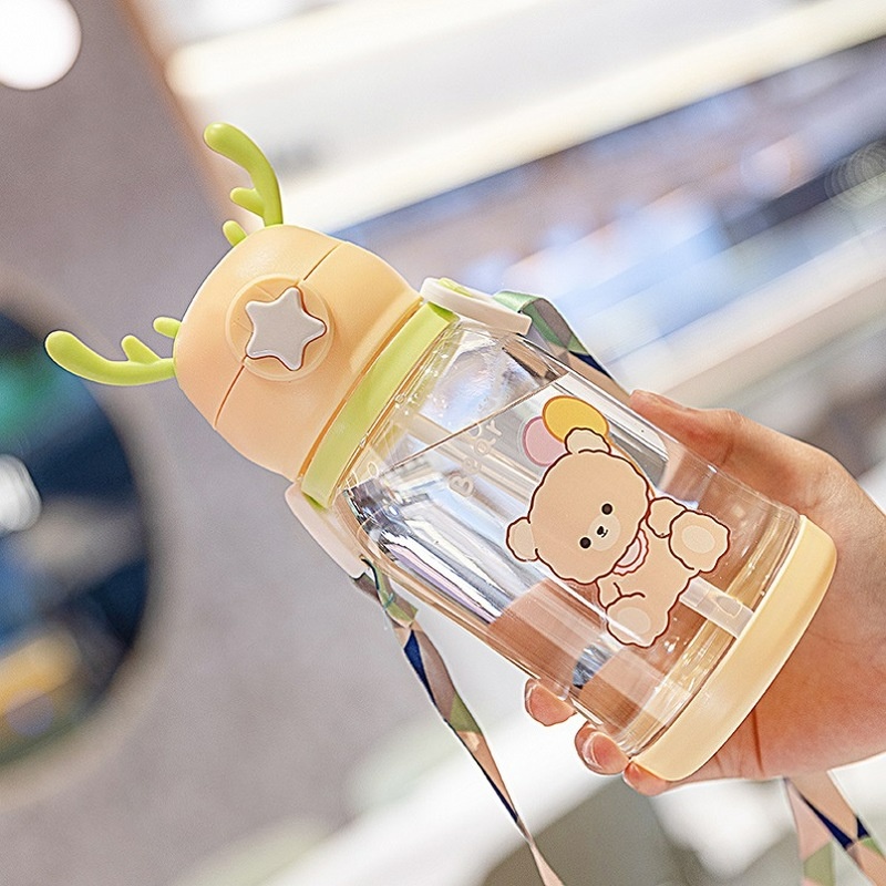 Bình Nước Nhựa Hình Gấu Dễ Thương Kèm Ống Hút 600ml Cho Bé