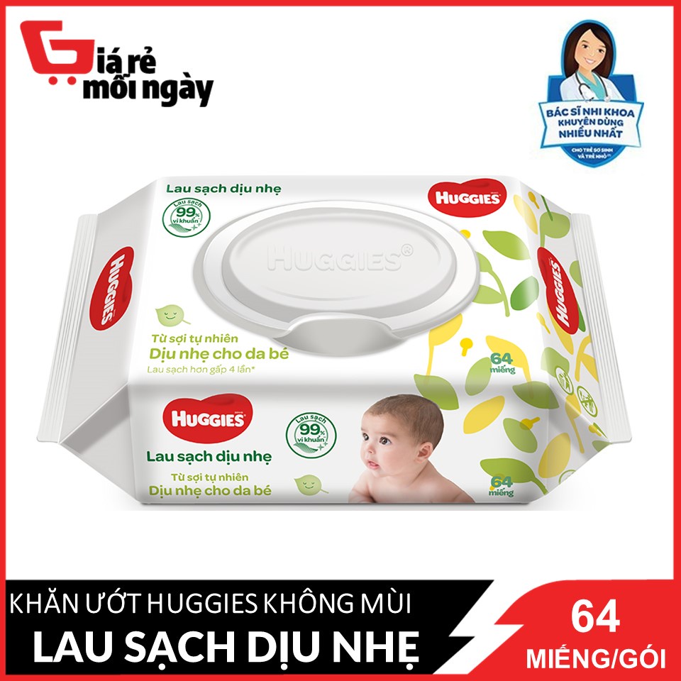 Khăn ướt Huggies Không mùi dịu nhẹ cho trẻ sơ sinh 64 miếng/gói