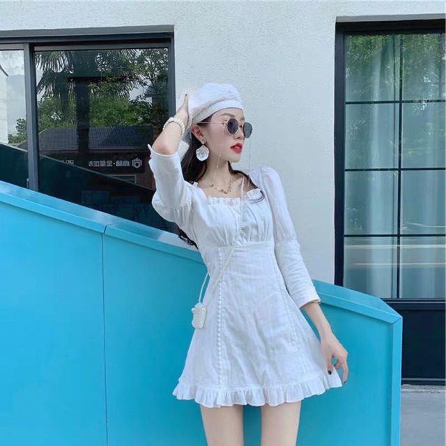 Bigsize S-4XL Đầm cổ vuông viền bèo dáng xoè nhẹ tiểu thư