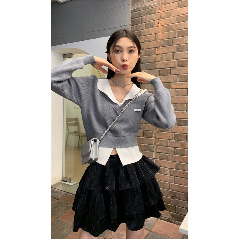 HUANG YOYO  Áo sweater Dệt Kim Mỏng Dáng Rộng Tay Dài Cổ Gấp Phong Cách Hàn Quốc Thời Trang Mùa Thu Cho Nữ