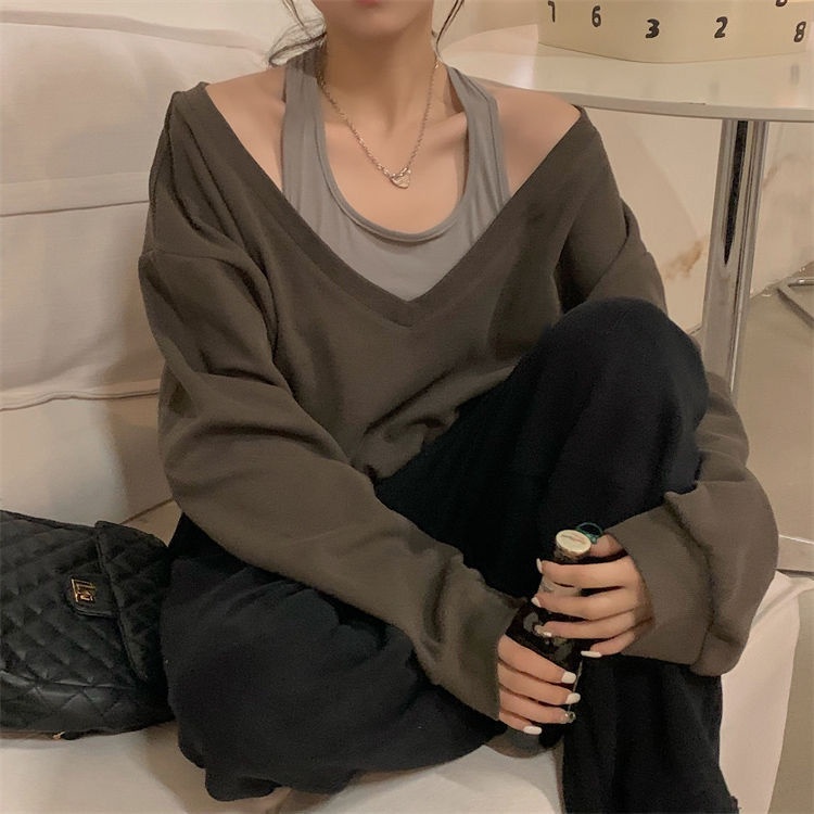 Áo Thun Tay Dài Hở Vai Giả Hai Lớp Màu Sắc Tương Phản Thời Trang Dành Cho Nữ