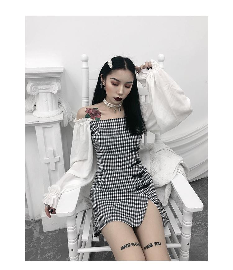 Đầm tay dài không dây họa tiết caro ôm eo cho nữ