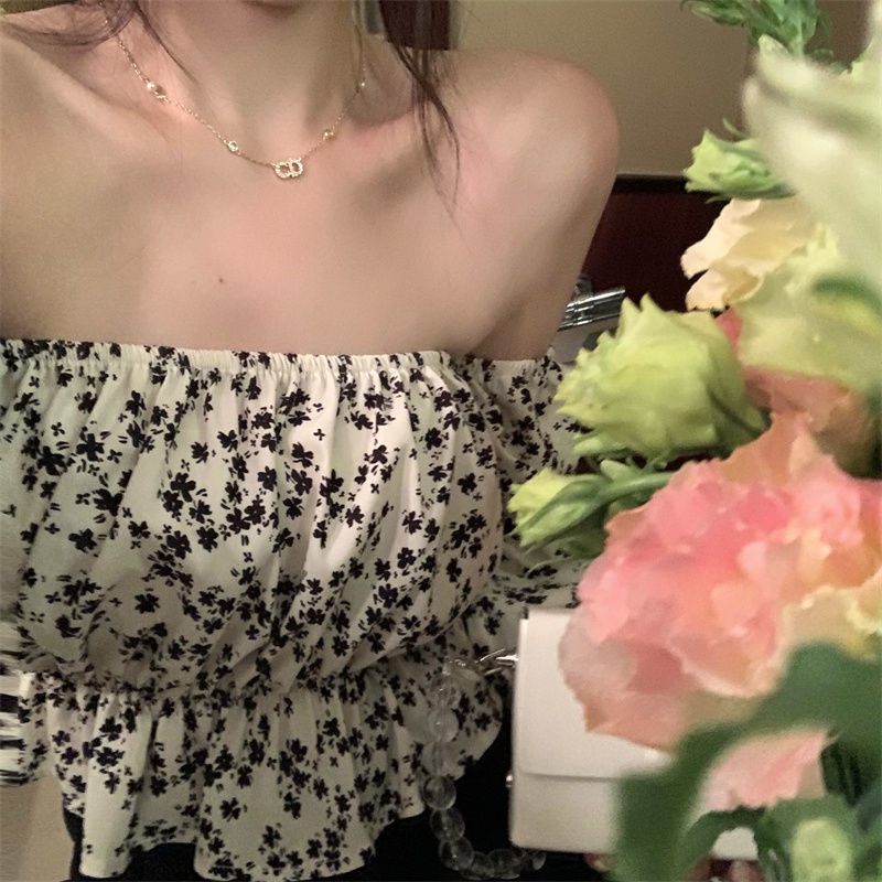 Áo Chiffon Trễ Vai Tay Phồng In Họa Tiết Hoa Thời Trang Cho Nữ