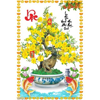 TRANH DÁN TƯỜNG BONSAI THƯ PHÁP - TRANH CHẬU HOA ĐÀO HOA MAI