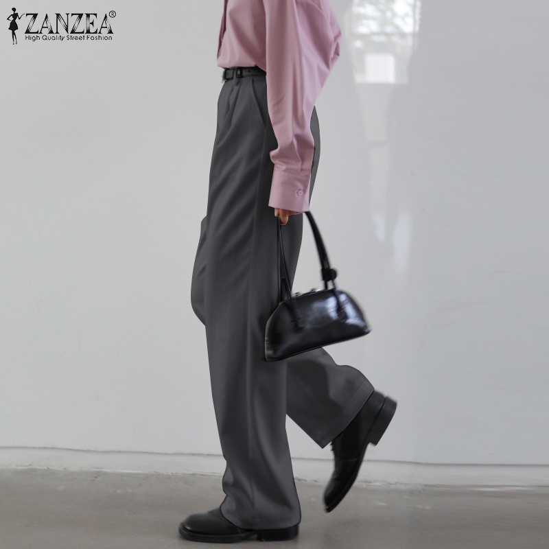 Quần dài ống rộng ZANZEA màu trơn thời trang cá tính cho nữ