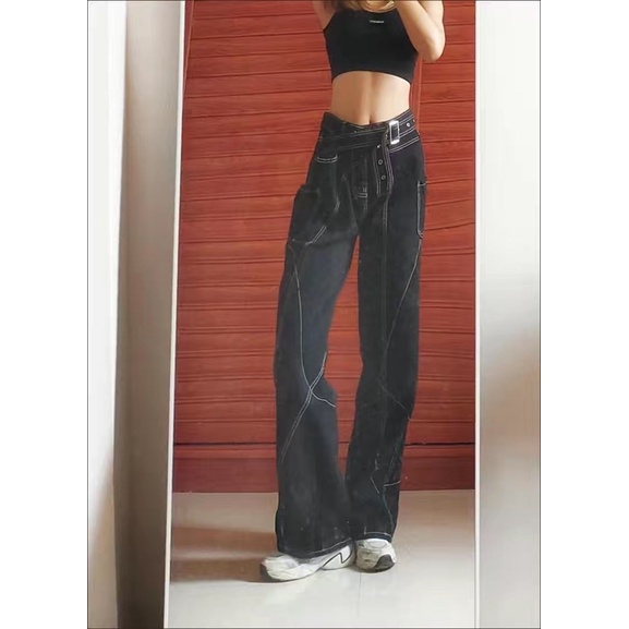 Quần jean bò cạp cao dây chéo
