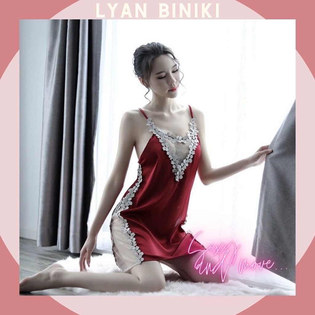 Váy ngủ đầm ngủ 2 dây lụa Satin phối ren gợi cảm sexy LYAN BIKINI L009