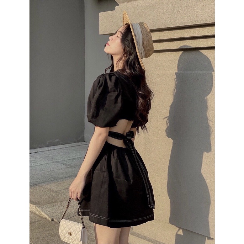 Váy đầm nữ cộc tay buộc nơ lưng chỉ nổi hở eo màu đen sexy freesize dáng xòe ngắn chun eo tôn dáng hàn quốc C785 | BigBuy360 - bigbuy360.vn
