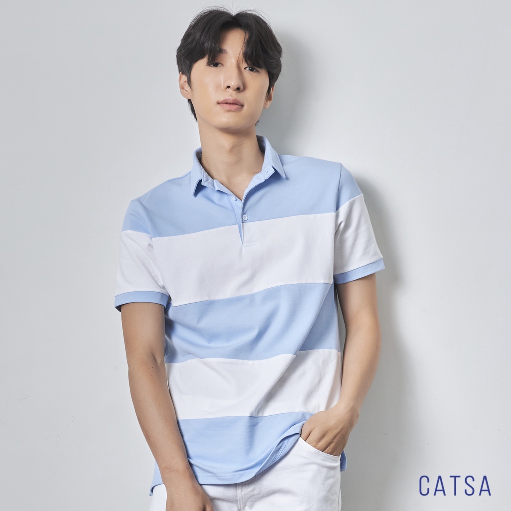 Áo polo nam cổ bẻ trắng sọc xanh thun Cotton thoáng mát, dáng chuẩn CATSA ATP265