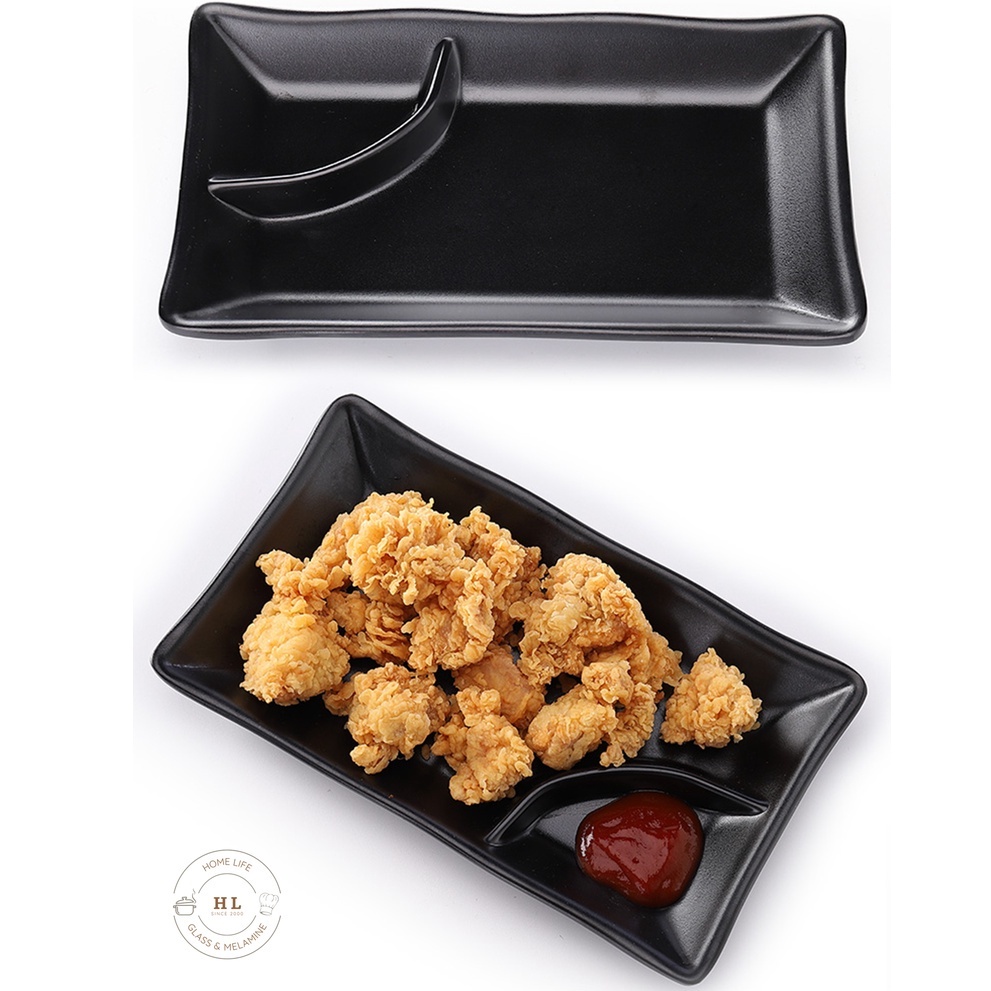 ĐĨA MELAMINE ĐEN A301 3111 CHỊU NHIỆT CÓ KHAY CHẤM CHO NHÀ HÀNG CAO CẤP | ĐĨA CHỮ NHẬT ĐEN NHÁM CHIA NGĂN MELAMINE A5