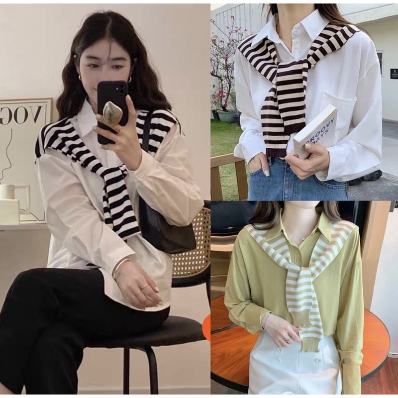 Áo sơ mi nữ dài tay cổ quàng khăn , áo sơ mi thuỷ thủ khăn quàng tháo rời Vintage thời trang DUMI