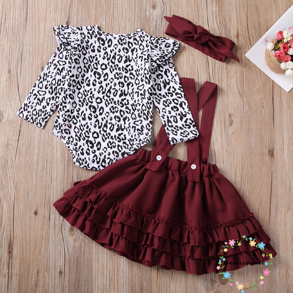 ღWSVღNewborn Kids Toddler Baby Girl Clothes Leopard Romper Bodysuit Ruffle Suspender Skirt Dress Outfit Set