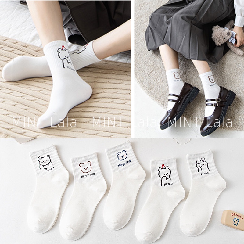 Tất Trắng Nữ Cao Cổ In Hình Đơn Giản Thoáng Khí