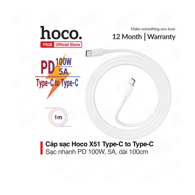 Cáp sạc nhanh Hoco X51 Type-C to Type-C PD 100W, sạc nhanh 5A, chất liệu ABS, lõi đồng sạc nhanh, dây dài 1m