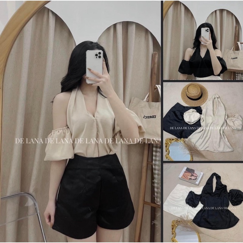 Set yếm lụa trễ vai quần tacta (ảnh thật)