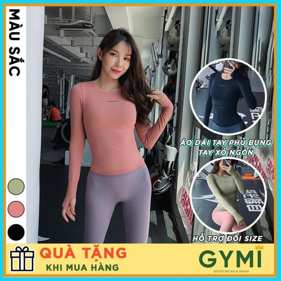 Áo tập gym yoga nữ dài tay GYMI AD12 dáng dài phủ bụng thể thao chất dệt kim co giãn 4 chiều ⚠️ *