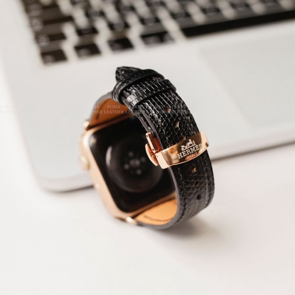 Dây da thủ công Kỳ Đà Đen dành cho Apple Watch, đồng hồ thông minh, đồng hồ cơ