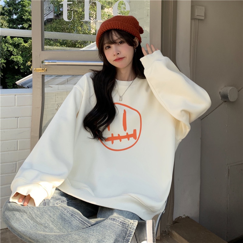 Áo Nỉ Nữ Dài Tay Cổ Tròn In Hình Hoạt Hình Thời Trang Hàn