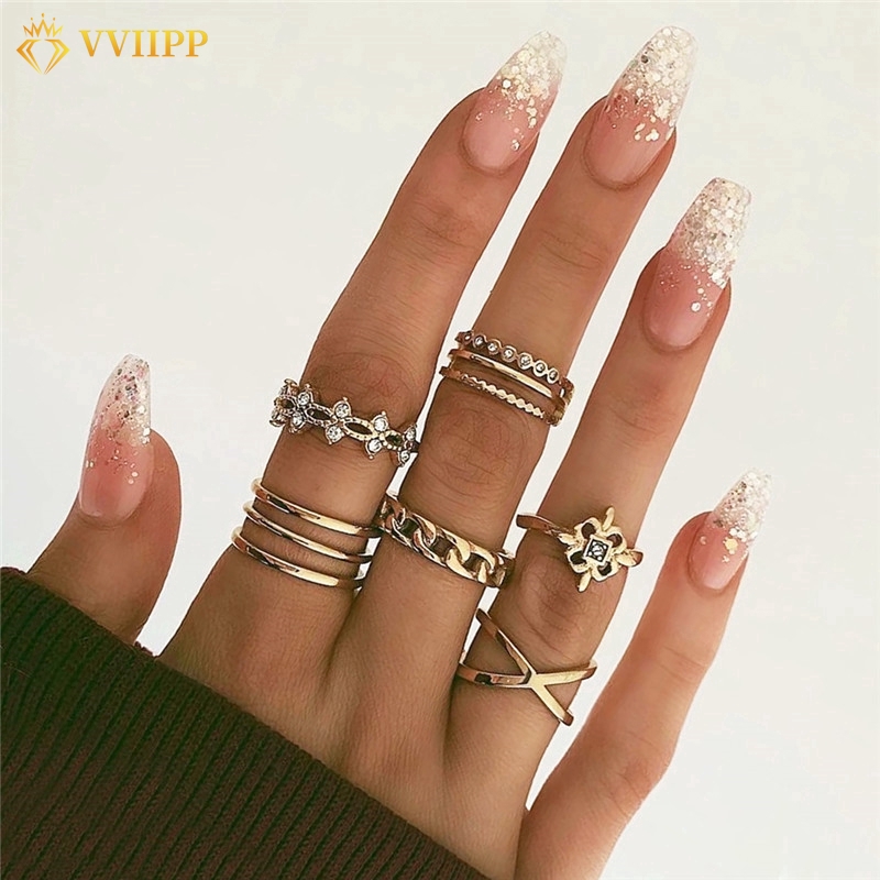 Nhẫn mạ vàng nhiều lớp đính đá pha lê phong cách cổ điển