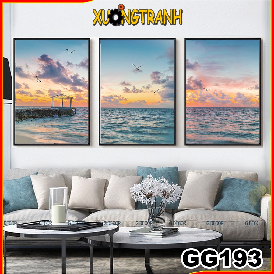 Tranh treo tường canvas 3 bức phong cách Bắc Âu 193, tranh cảnh biển trang trí phòng khách, phòng ngủ, phòng ăn,spa