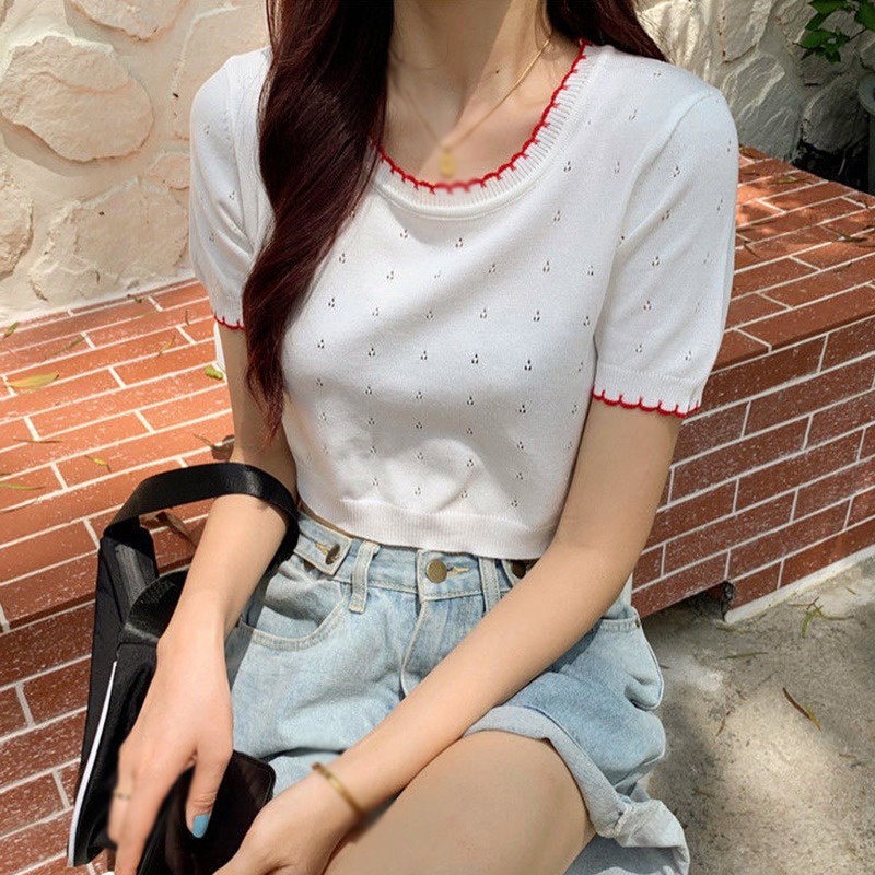 Áo Croptop Dệt Kim Tay Ngắn Cổ Tròn Phối Màu Phong Cách Hàn Quốc Thời Trang Cho Nữ