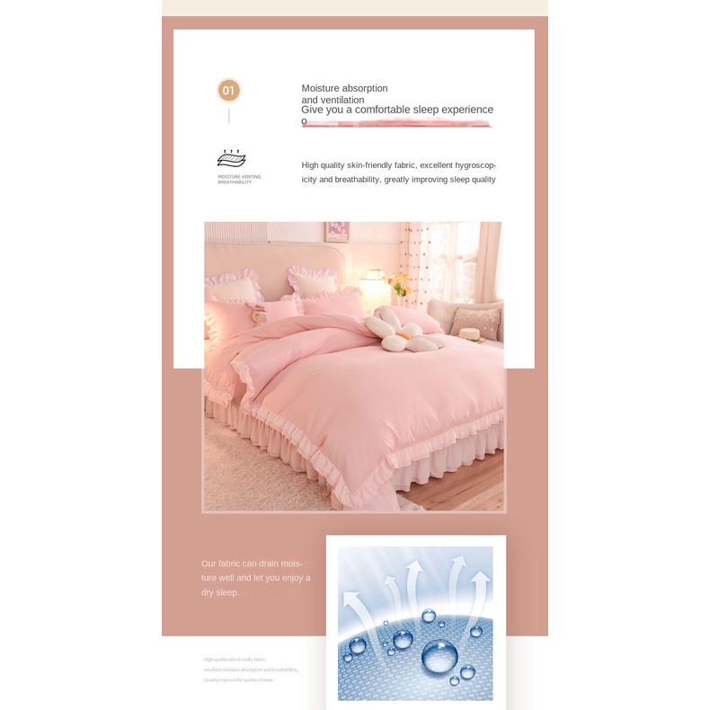Korean Princess Style Washed Cotton Four-Piece Set Internet Hot Girlish Solid Color Floral Duvet Cover Bed Sheet Bed Skirt Bedding