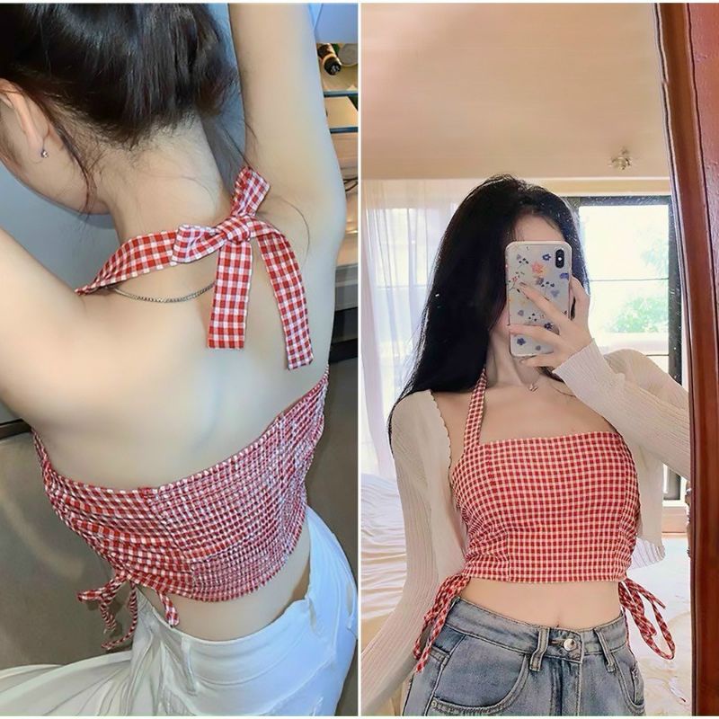 Áo dây yếm croptop vải kẻ caro - có mút ngực. mã A31