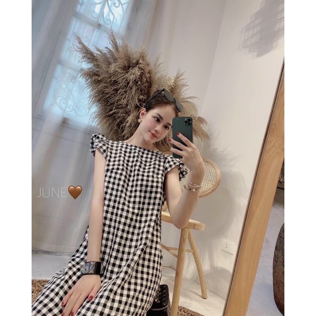 Váy kẻ V lưng dây rút tay bèo