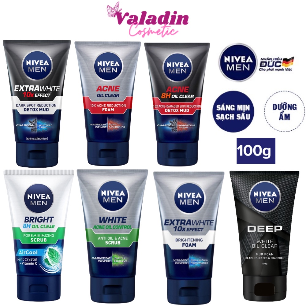 Sữa rửa mặt nam NIVEA Men Sửa rửa mặt nam giới SRM Nivea men Bright 8H/Extra White/Detox Mud 100g