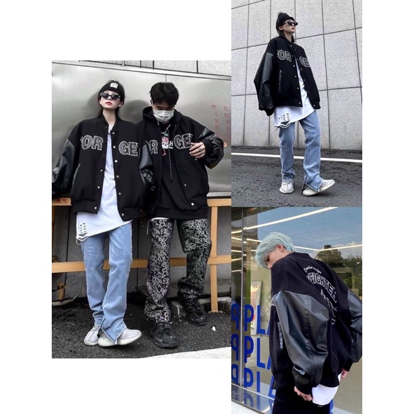 Áo khoác bomber phối tay da cao cấp- phong cách unisex Hàn Quốc