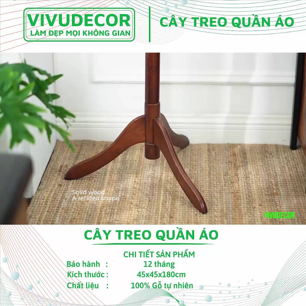 Cây treo quần áo VIVUDECOR CT08 100% gỗ tự nhiên 8 nhánh | BigBuy360 - bigbuy360.vn