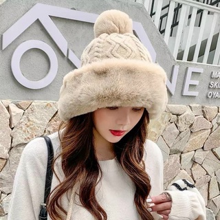 Mũ len thừng phối lông dây quả bông