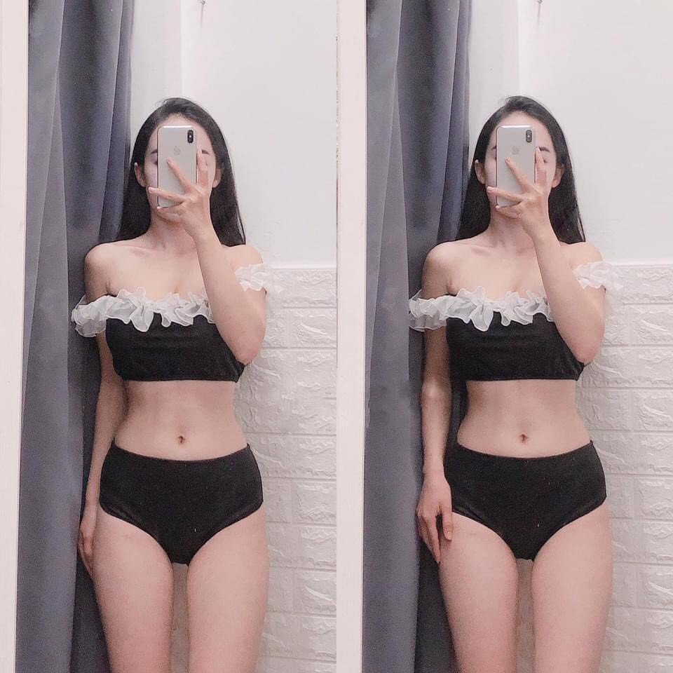 Bikini đi biển du lich áo trễ vai bèo rúm trắng quần cạp cao xinh xắn R12