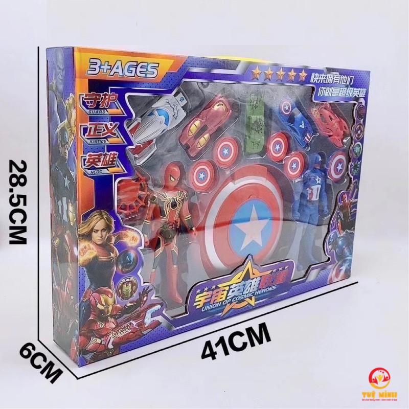 Bộ Đồ Chơi Mô Hình Siêu Nhân Captain American Và Người Nhện Tuệ Minh Có Khiên Và 5 Ô Tô Bánh Đà Siêu Ngầu Cho Bé Trai