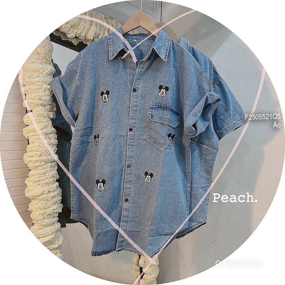 Áo sơ mi jean mickey túi tay ngắn hàng QC!