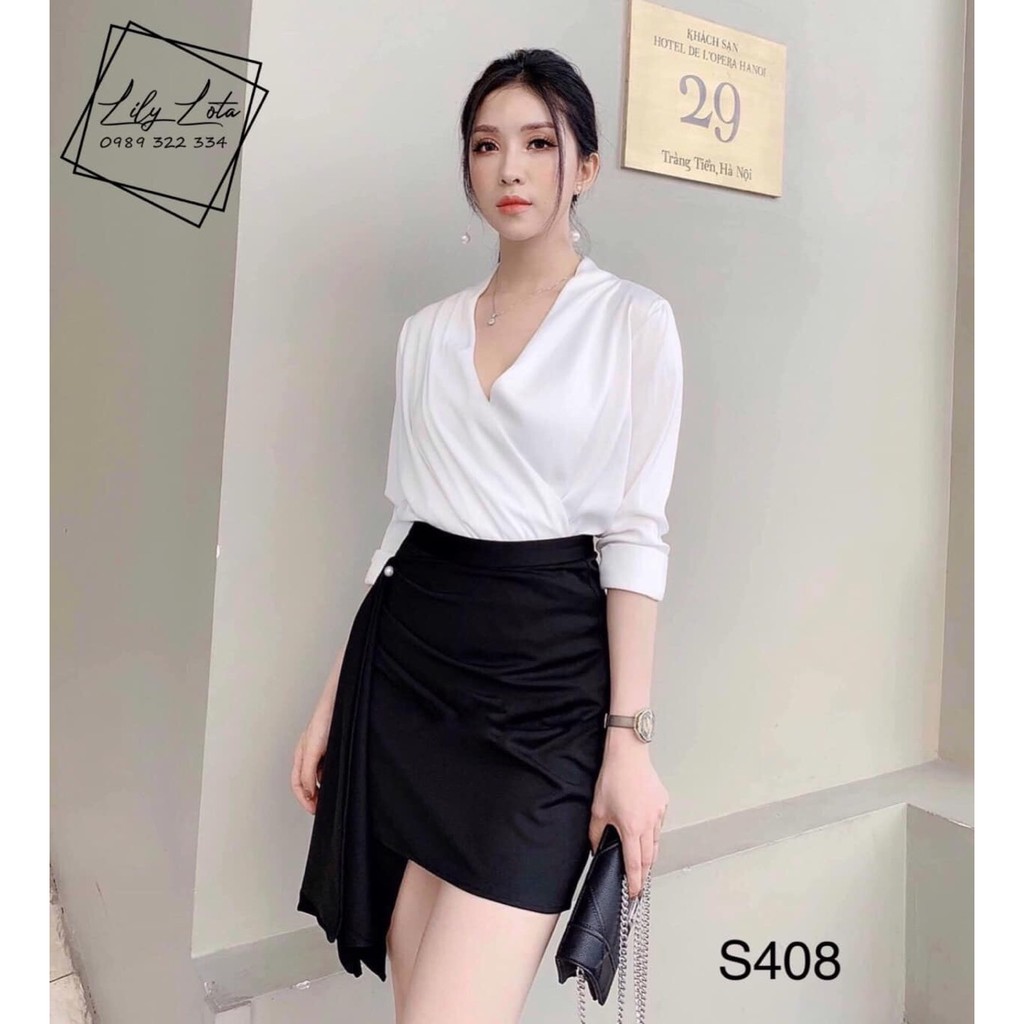 [Siêu Hot] Set Áo Tay Dài Cổ Tim Đắp Chéo mix Chân Váy Đen Xếp Tà Dài 1 Bên S408