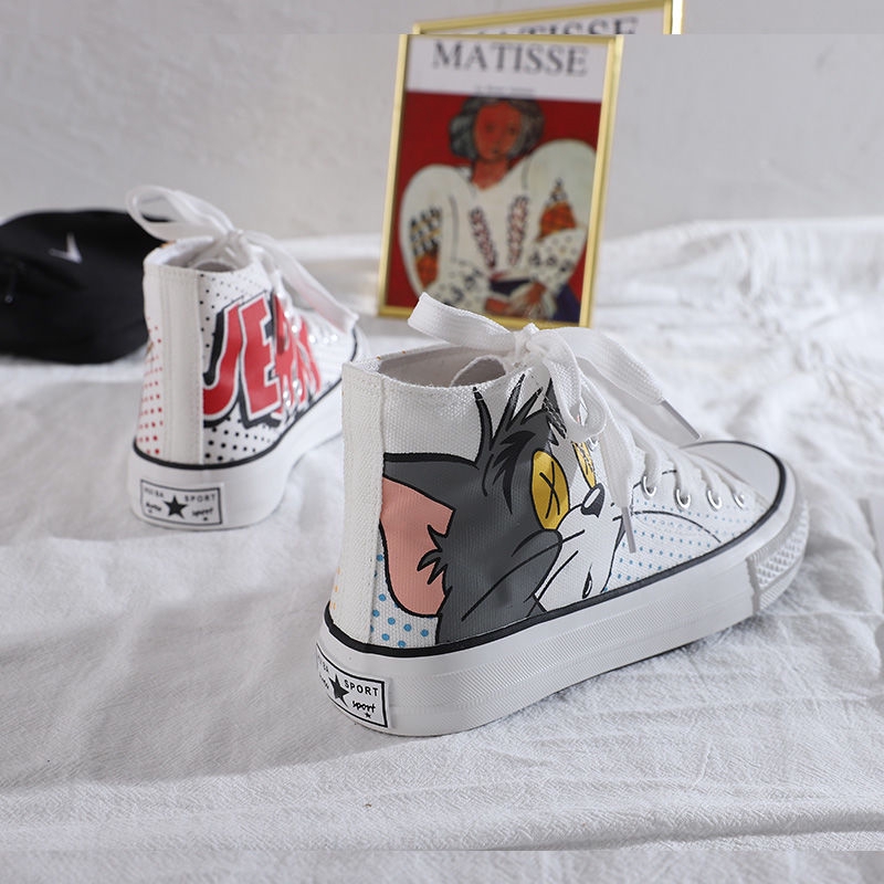 Giày Vải Canvas Cổ Cao In Hình Mèo Chuột Hoạt Hình Xinh Xắn