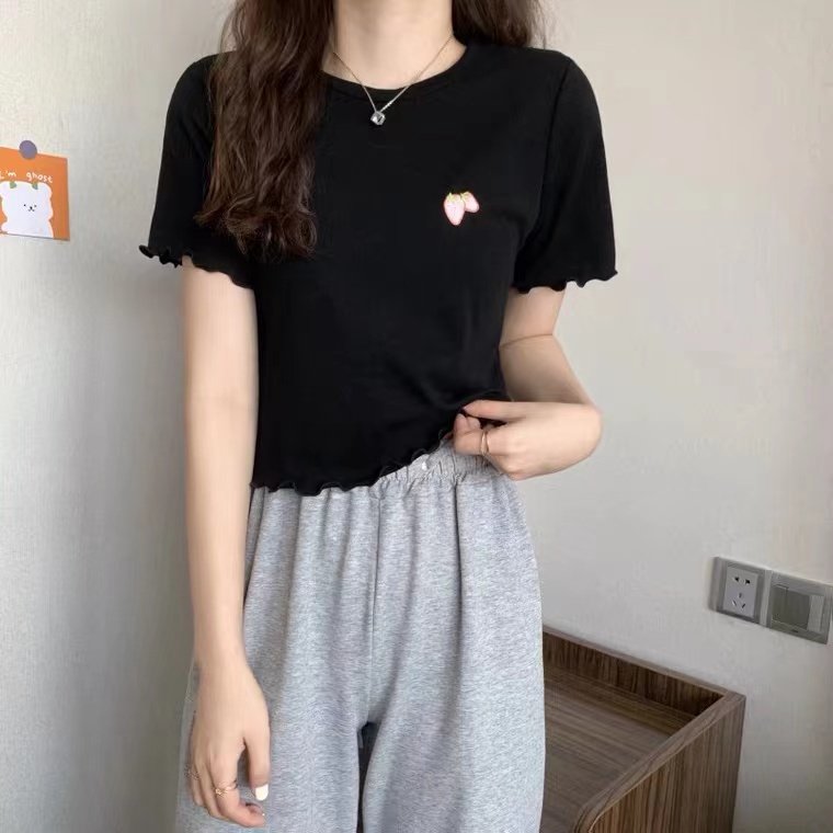 【WANG JIAO ZHAN】 Áo croptop thun ngắn thêu họa tiết xinh xắn dành cho bạn nữ