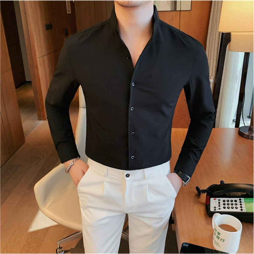 Áo sơ mi nam cổ tàu hàn quốc cao cấp kiểu mới , tay dài công sở dáng ôm , vải lụa trơn đẹp big size