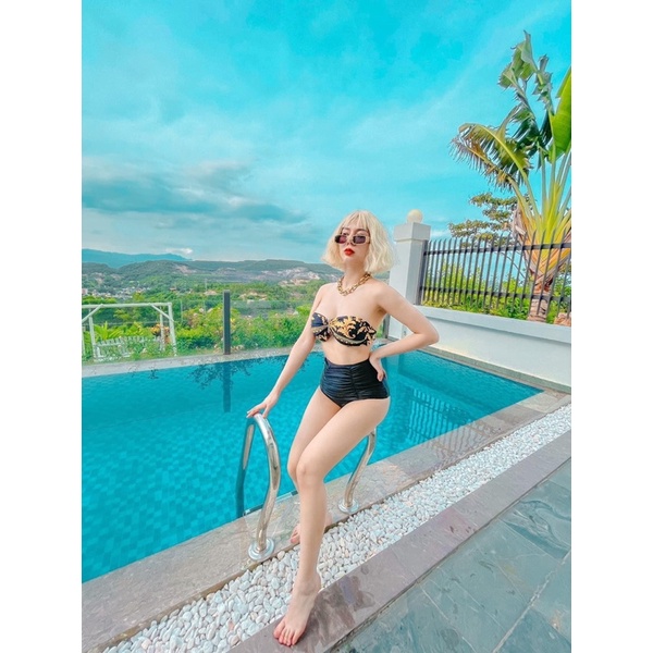 BIKINI Set 4 chi tiết 2 mảnh cạp cao thương hiệu kem váy, áo choàng